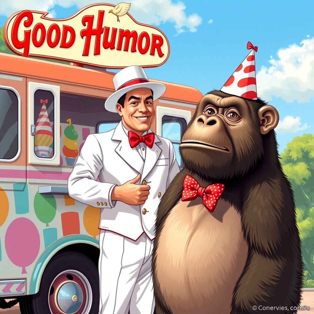 Good Humor Man Serves Gorilla in Vintage Illustration