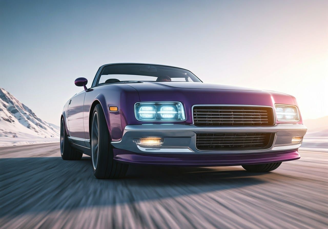 Futuristic Purple Racing Car Speeds Through Snowy Road