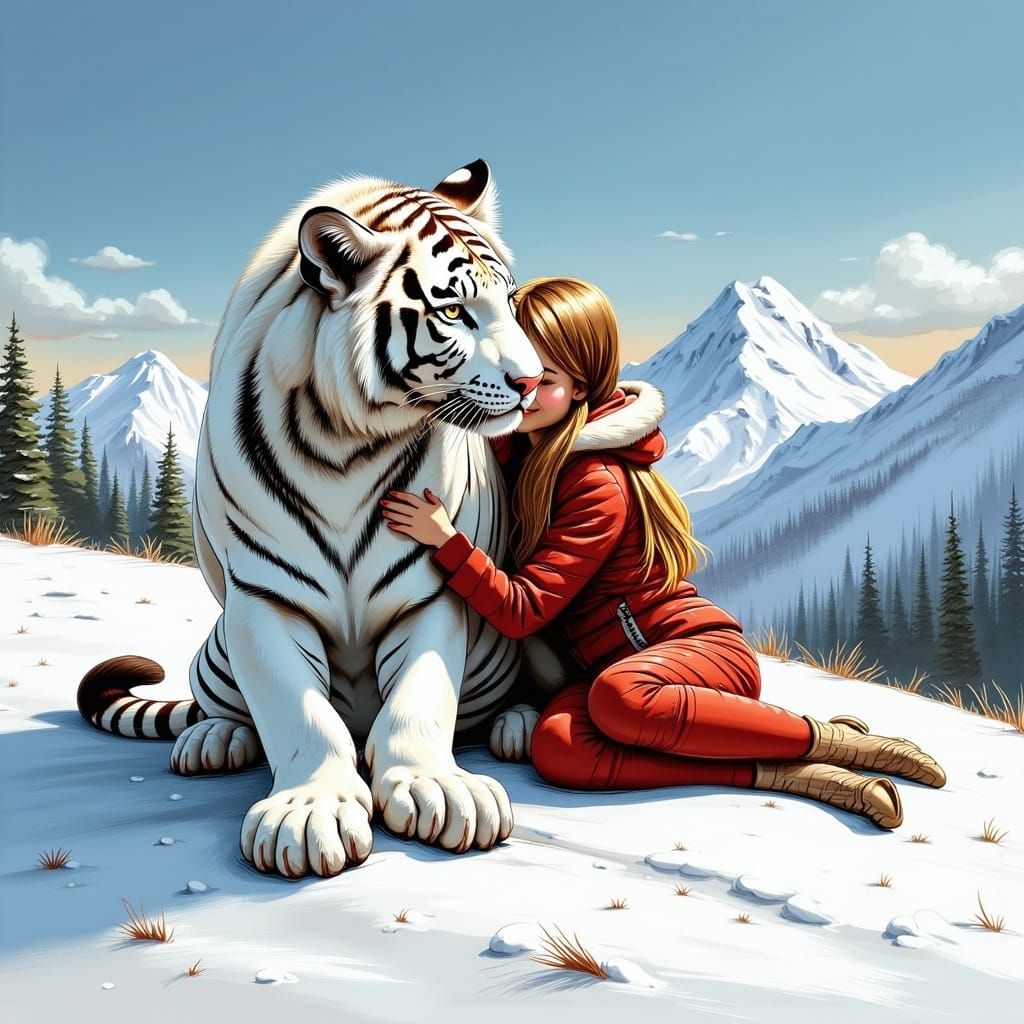 Woman with Her Majestic White Tiger Companion in a Soothing....