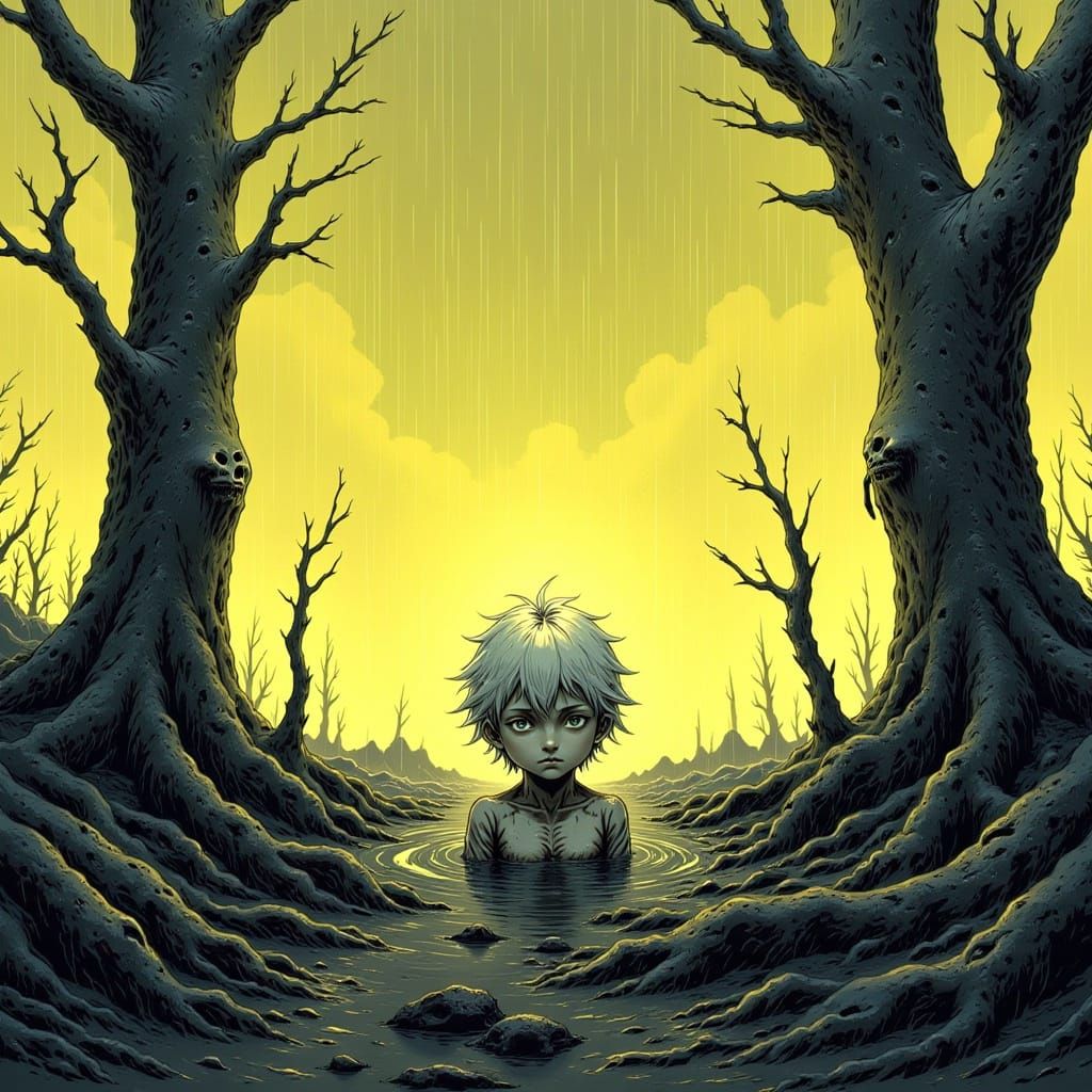 Young Boy Amidst Twisted Oak Trees in Desolate Post-Apocalyp...