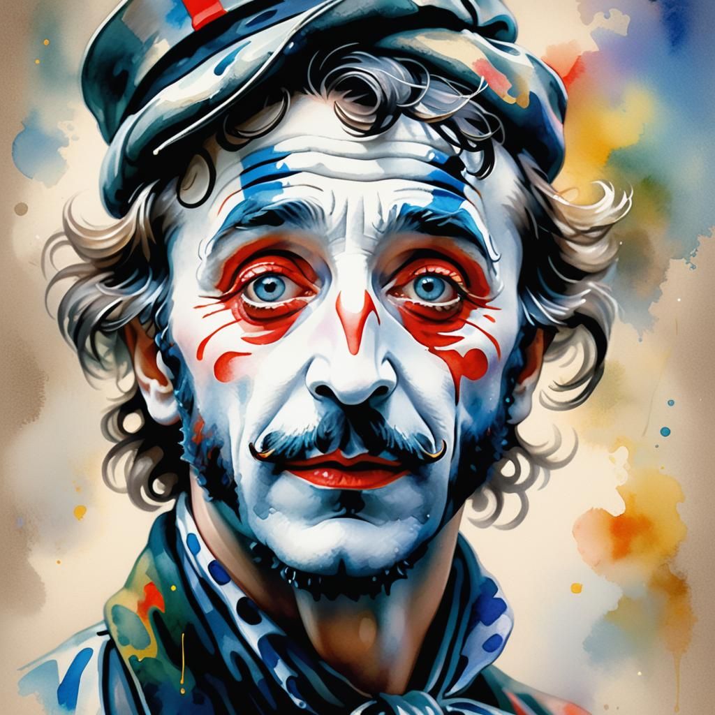 Tragic Mime Portrait in Impressionistic Watercolour Style