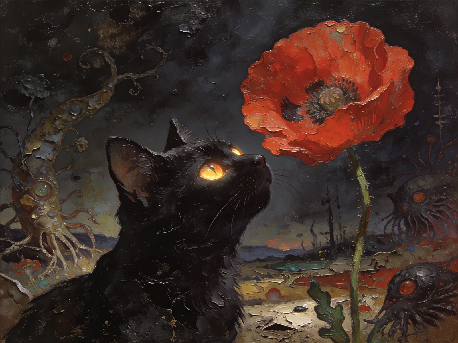 Black Cat Gazes at Red Poppy in Expressionist Encaustic Styl...