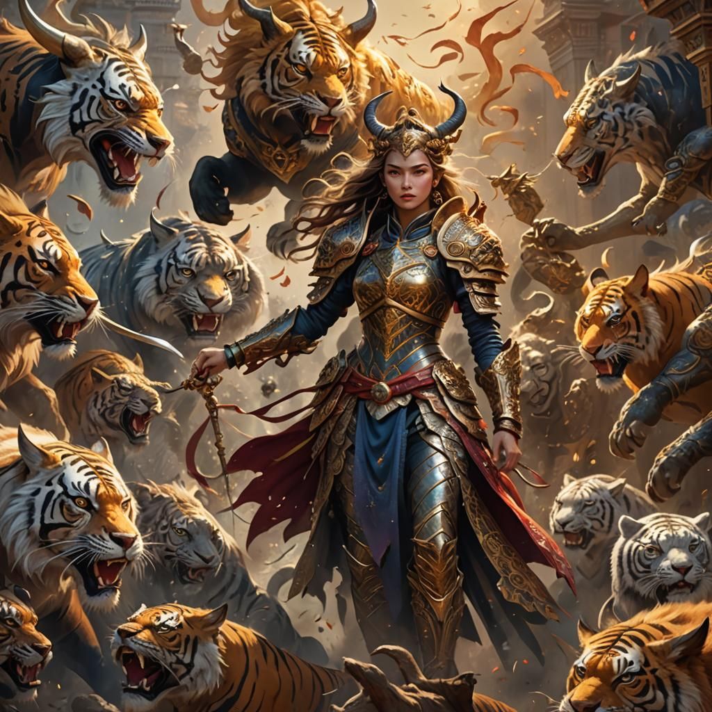 Ornate Armored Lady Amidst Swirling Animal Battle