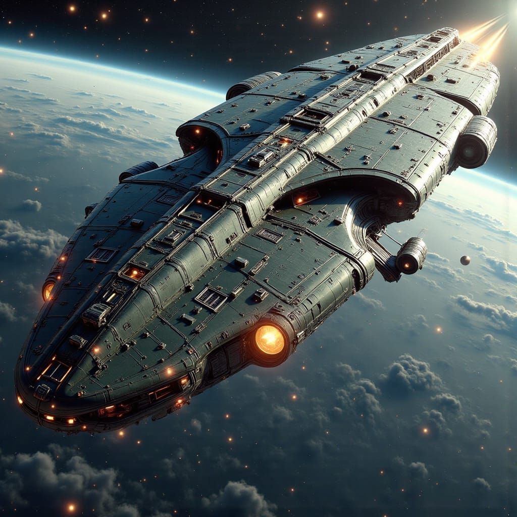 Powerful Spaceship with Trident Insignia