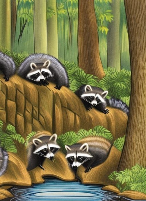Raccoons in Forest Creek: An Art Deco Scene