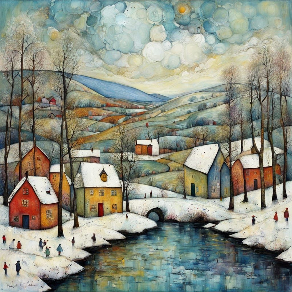 Diptych: Summer and Winter Landscapes in Naive Encaustic Sty...