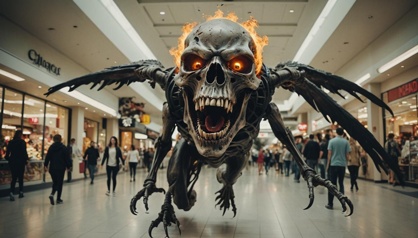 Fiery Skull Terrorizes Shoppers: Hyperreal Horror