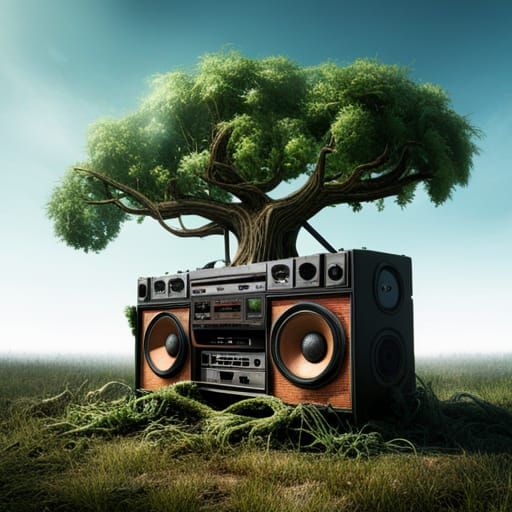 Tree Root Ghetto Blaster: Detailed Fantasy Art