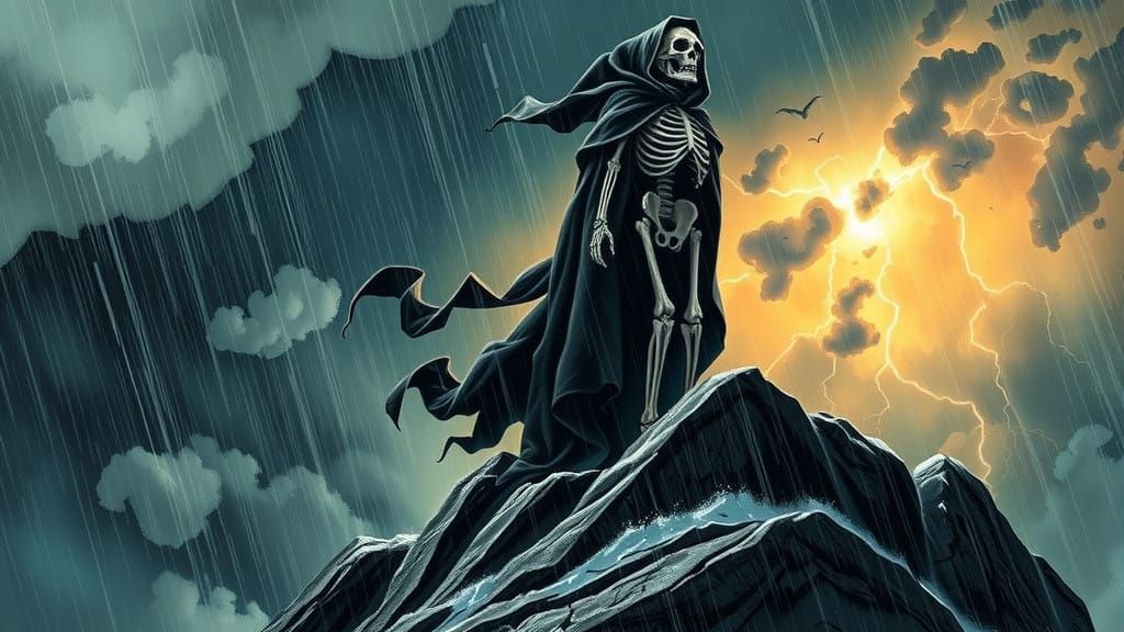 Gothic Skeleton Silhouetted Against Turbulent Stormy Skies