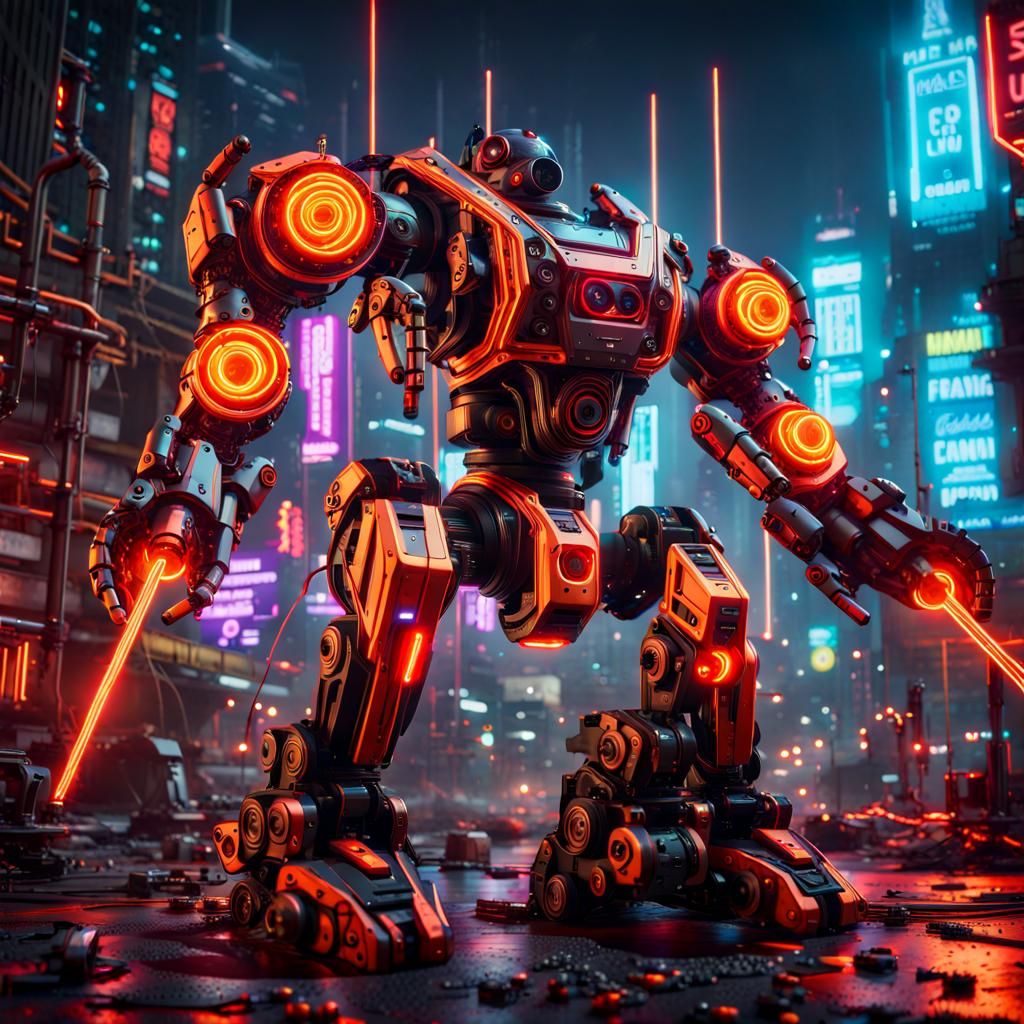 Cyberpunk Robot with Laser Cannons in Neon Lighting