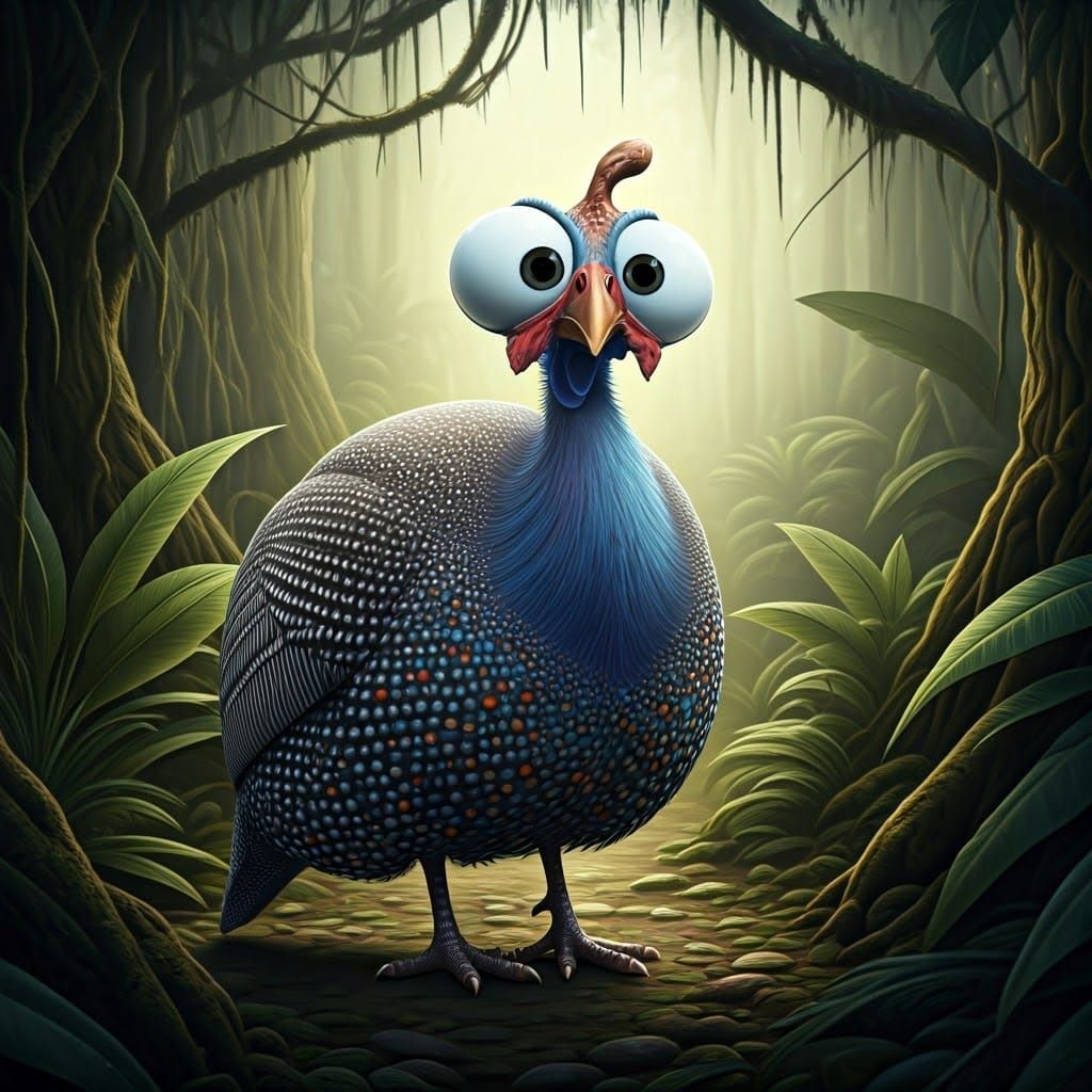 Surreal Guineafowl Caricature with Googly Eyes