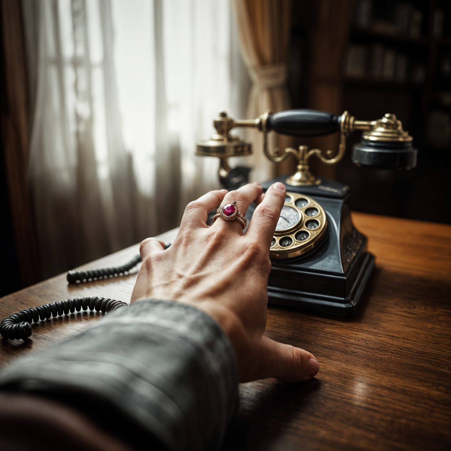 Hand Reaching for Vintage Telephone in Moody Lighting