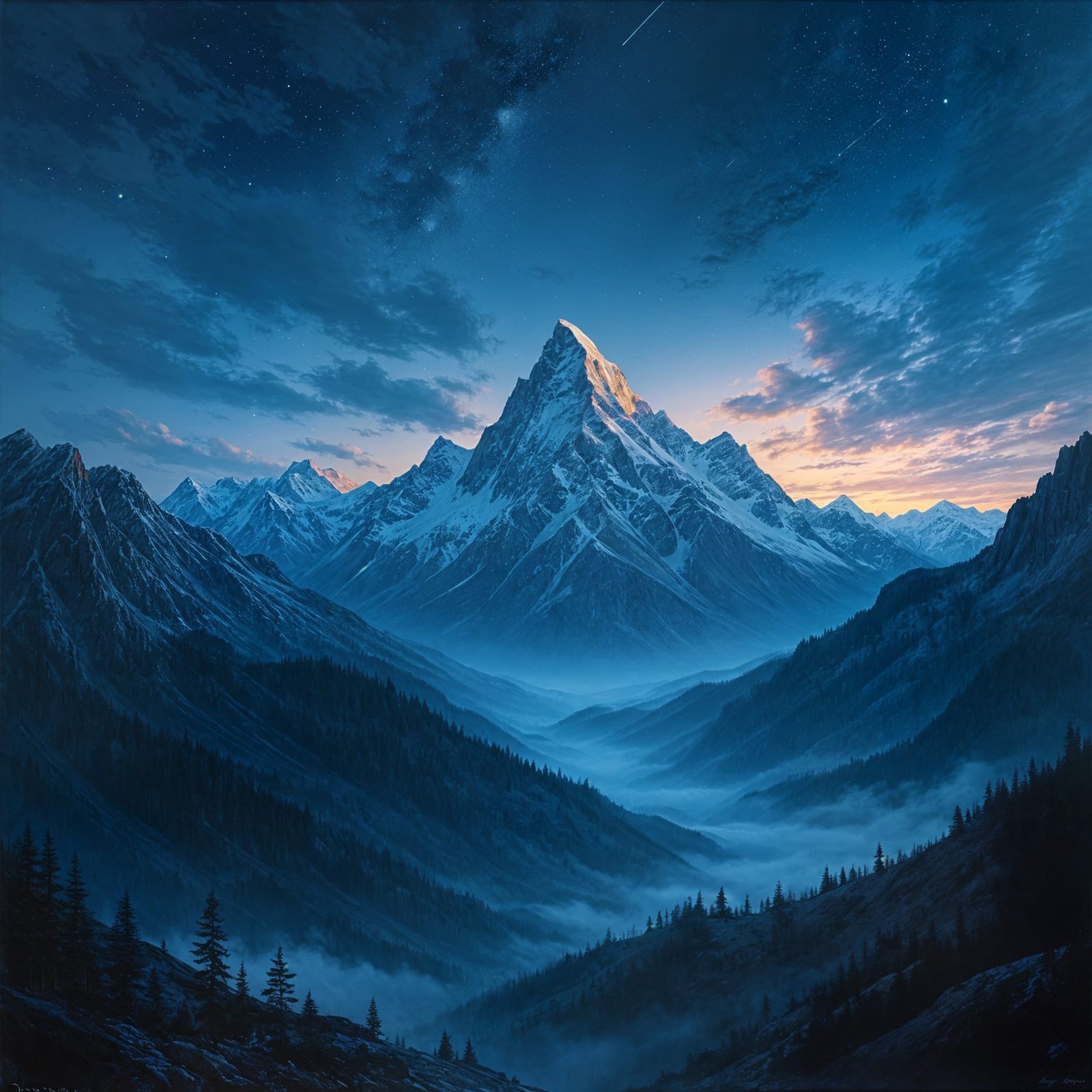 Night Mountains Painting with Deep Blues and Rich Colors