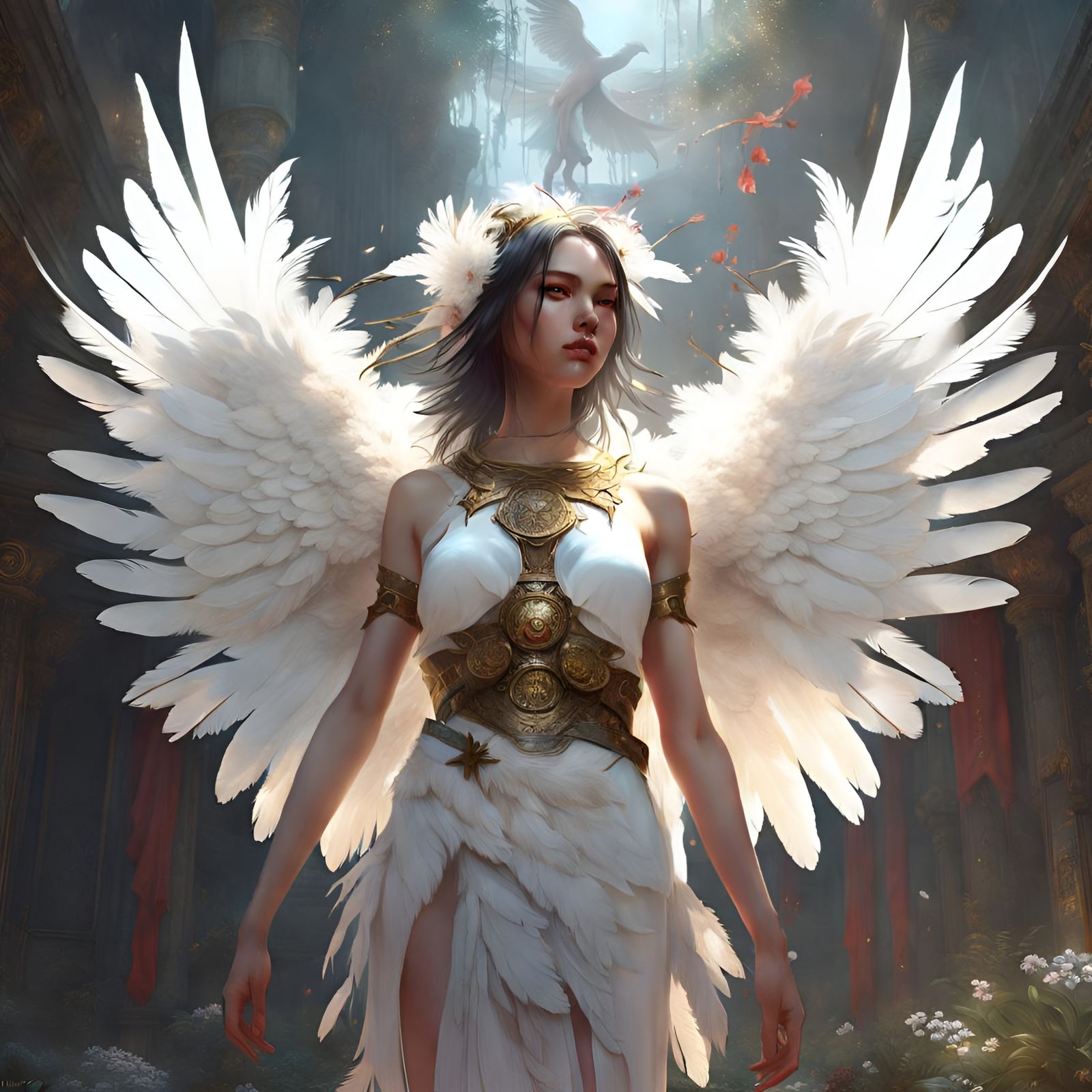 Angelic Seraphim Girl with Feather Wings in Fantasy Art