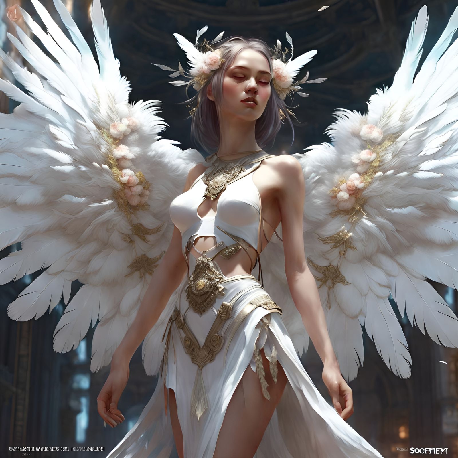 Angelic Seraphim Girl with White Wings