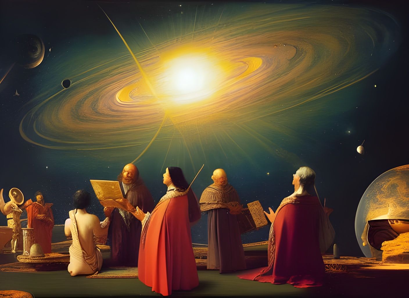 Astronomers Observe Planets: A Classical Painting