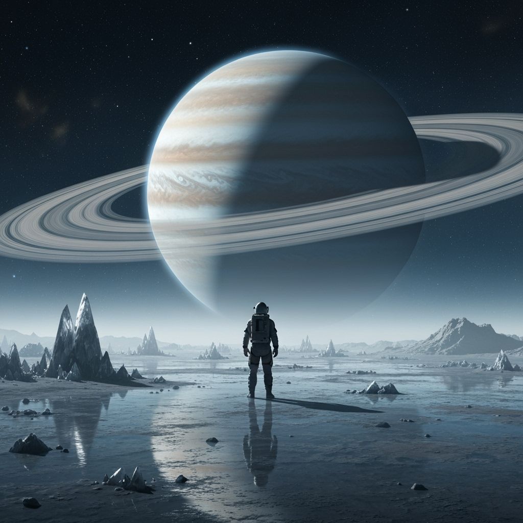 Astronaut on Alien Planet Gazing at Gas Giant