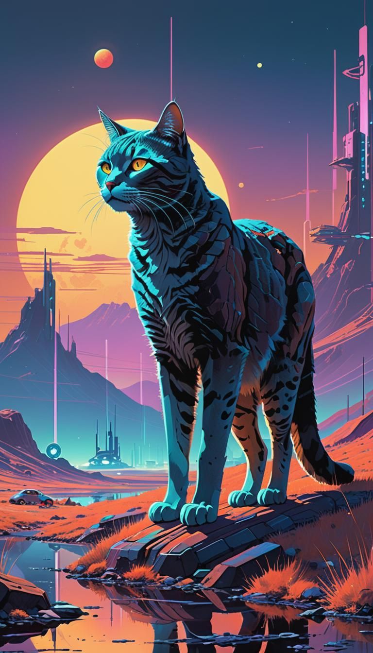 Moonlit Cat in Dreamy Neon Landscape