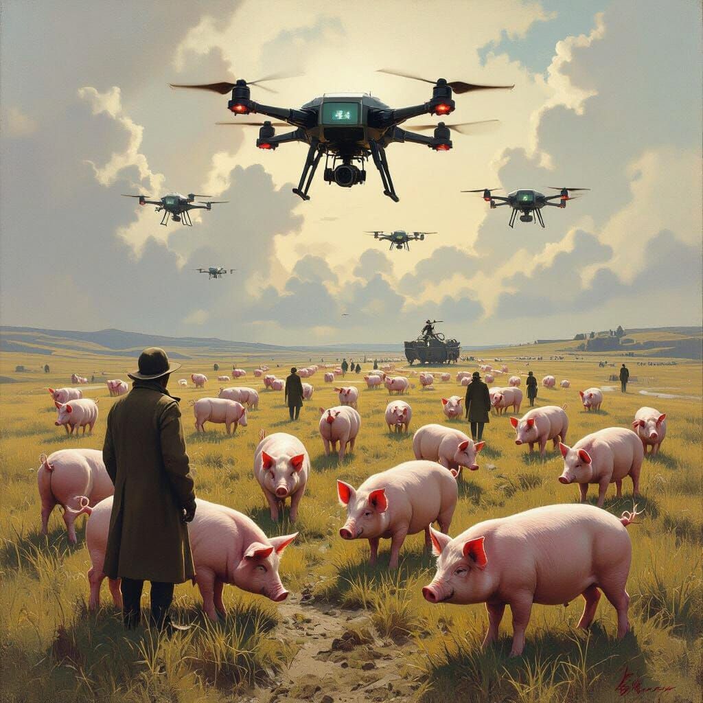 Oil Painting of Drones as Numbers in a Lost Land