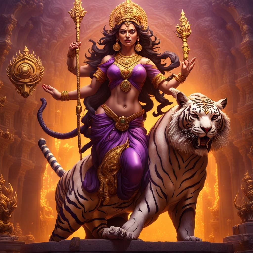 Durga Riding a Tiger: Dark Fantasy Art