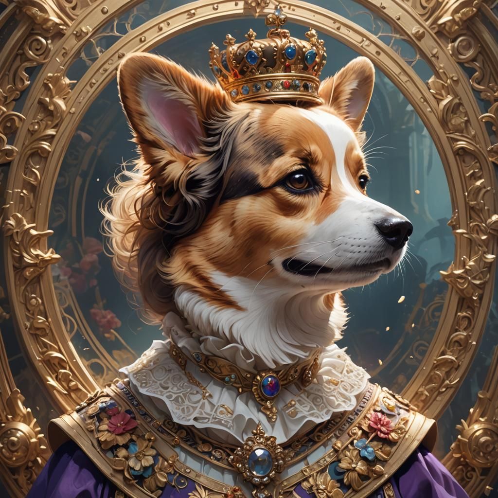 Queen Elizabeth Corgi Portrait, Art Nouveau Style