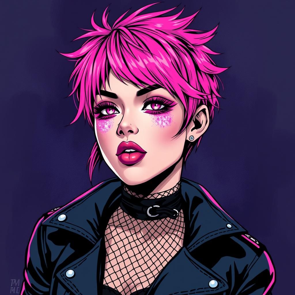 Punk Woman with Pink Hair in Comic Book Style