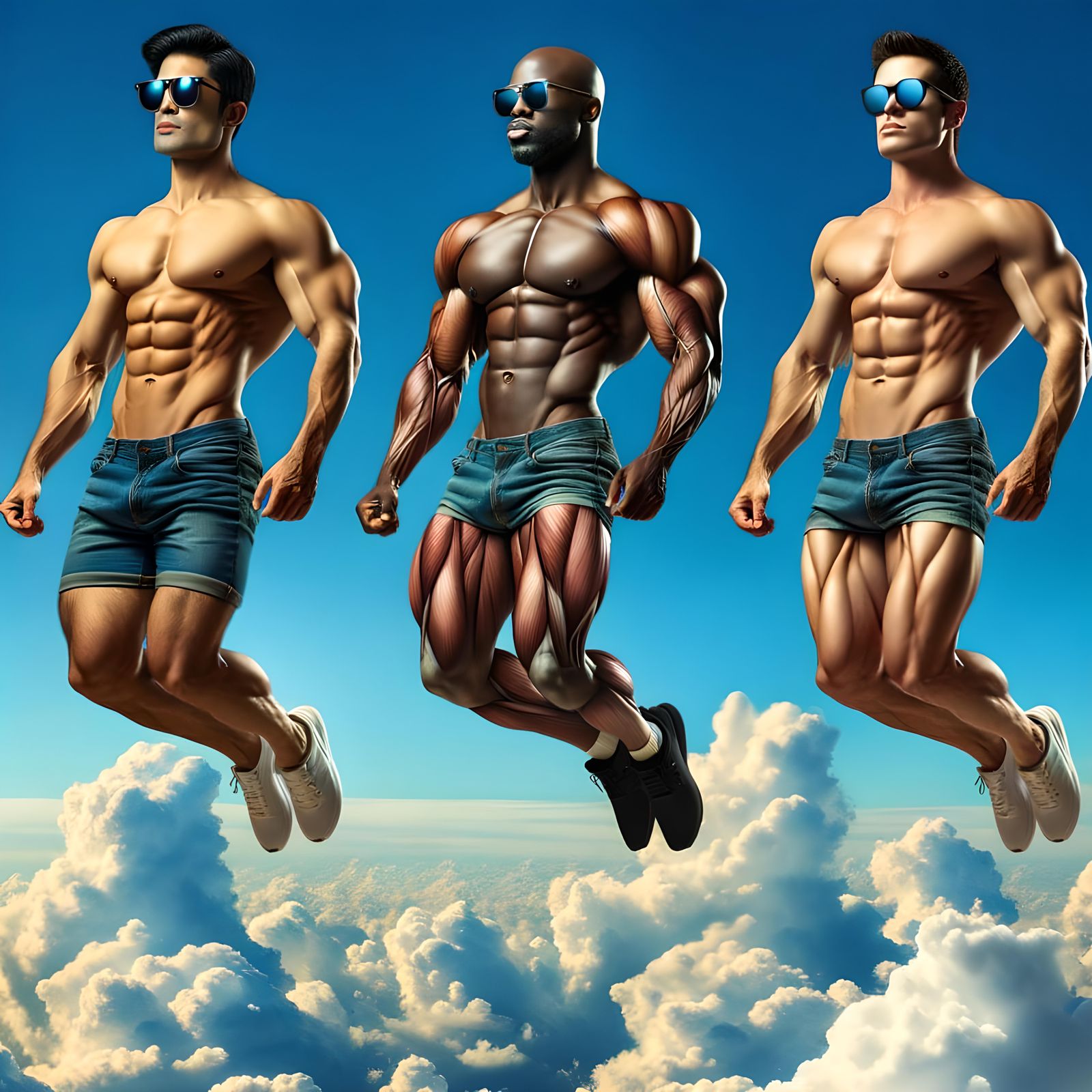 Athletic Men Floating in a Blue Sky