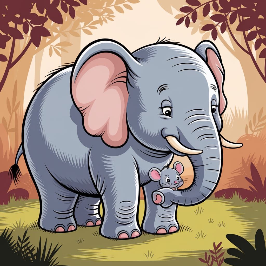 Gentle Elephant Cradles Shy Mouse in Forest Illustration