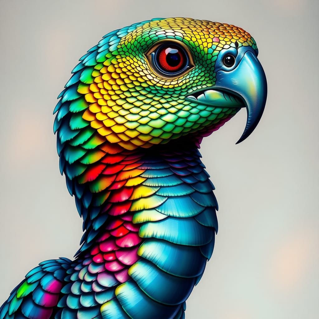 Vibrant Hybrid Parrot Cobra Portrait as Oil Painting