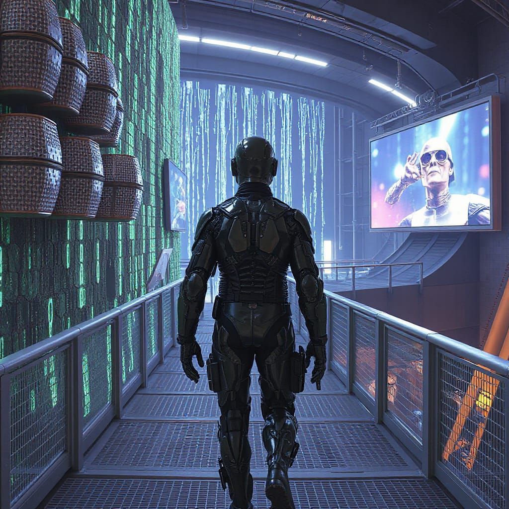 Confused Cyborg in Cyberpunk Cityscape with Electronic Wall