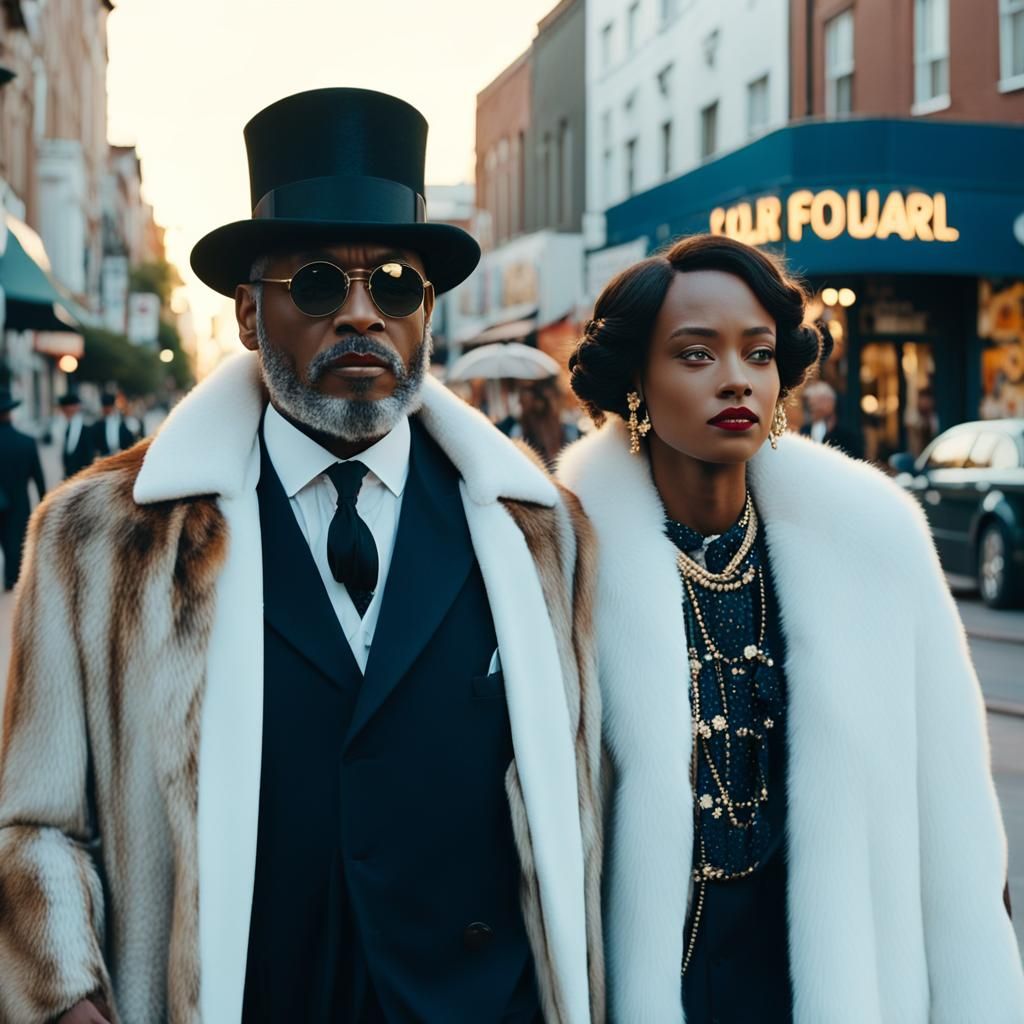 Glamorous Couple in Art Deco Cityscape