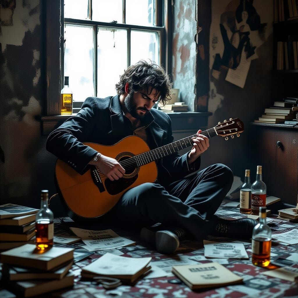 Depressed Flamenco Guitarist and Writer in Shadowed Apartmen...