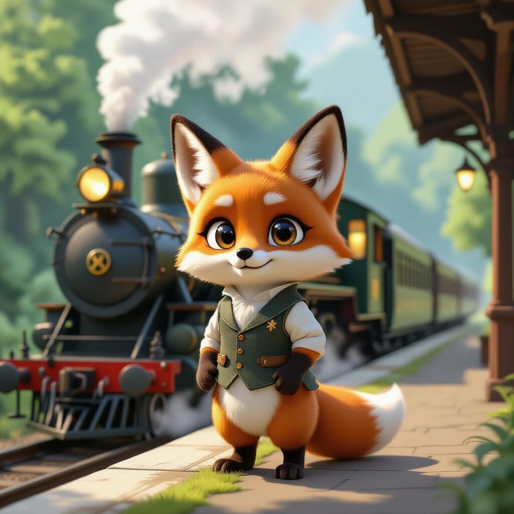 Anthropomorphic Fox on Mossy Platform in Ghibli Style