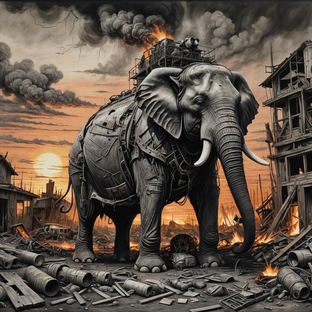Junk Elephant in Post-Apocalyptic Sunset: Charcoal Drawing