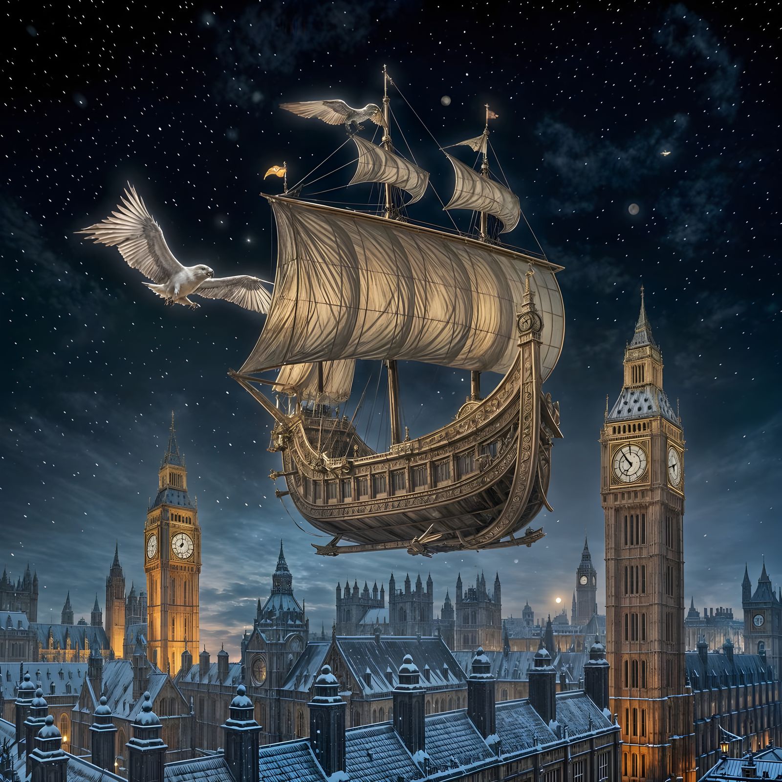 Flying Galleon Over Big Ben on a Winter Night with Moonlit L...