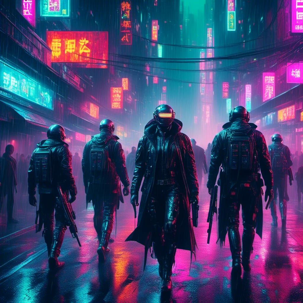 Cyberpunk Officers Patrol a Dystopian City in Oil Painting