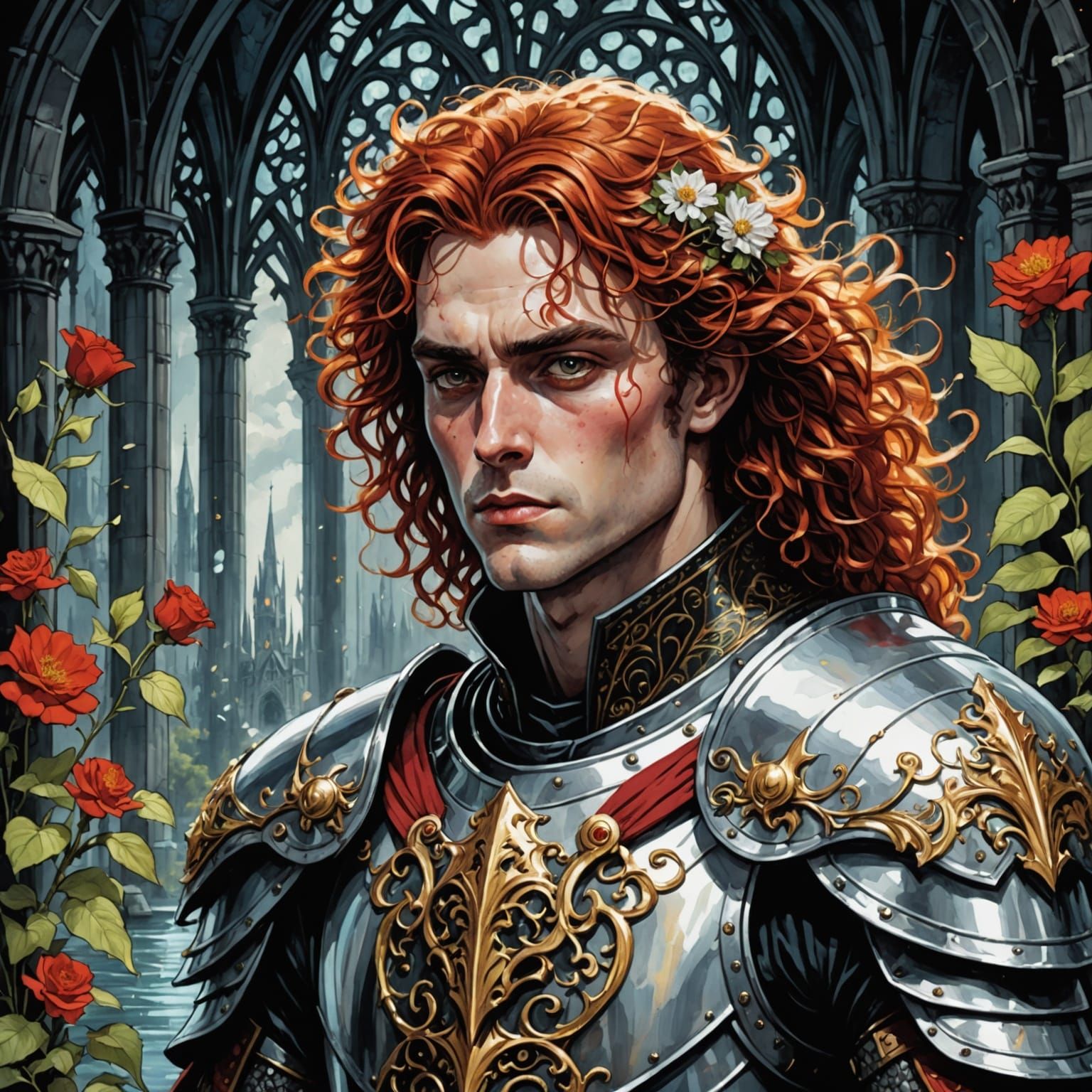 Gothic Elf Knight in Watercolor Comic Style