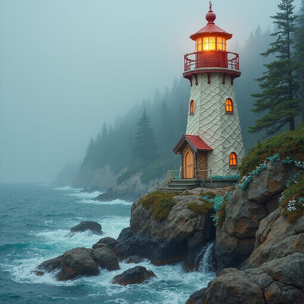 Macrame Lighthouse on Rugged Coast in Gothic Whimsy Style