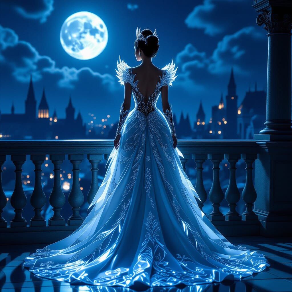 Regal Queen in Glass Gown Overlooks Kingdom