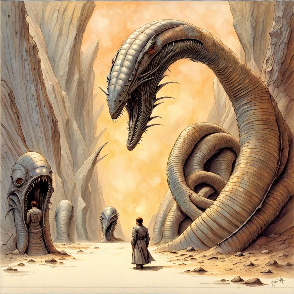 Dune Sandworm Technical Drawing in Hyperrealistic Style