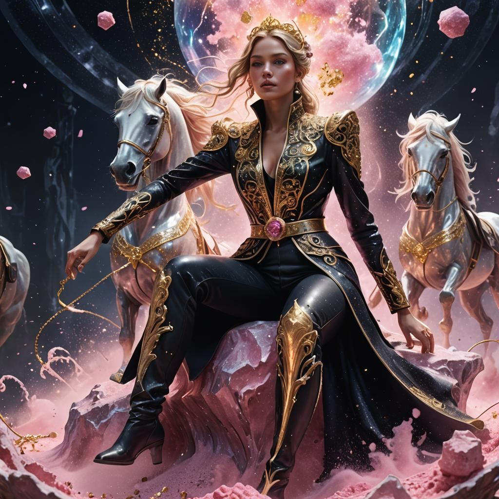 Woman with Silver Horses in Galaxy: Fauvist Concept Art
