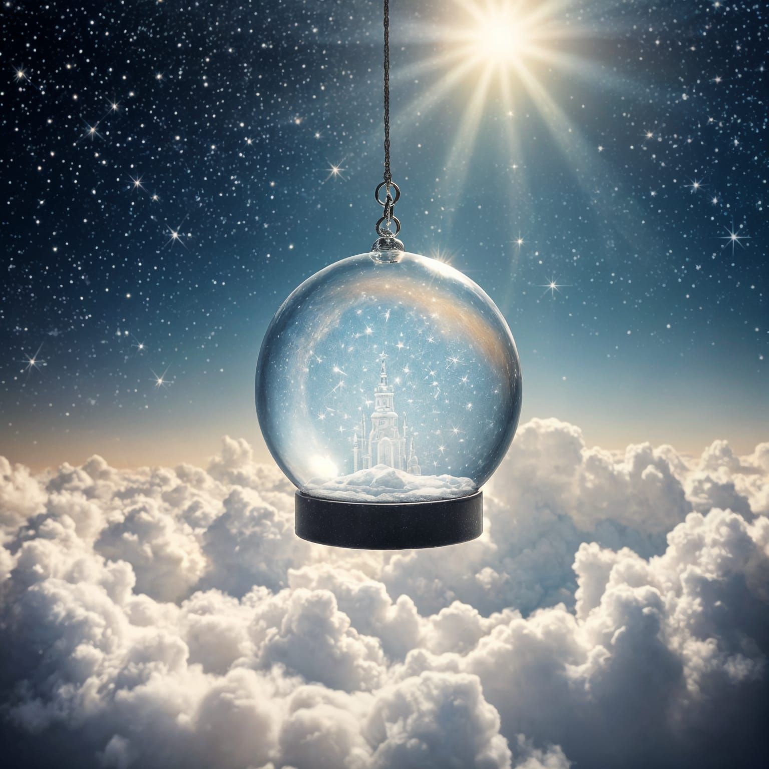 Snowglobe in Starry Sky with Heavenly Light