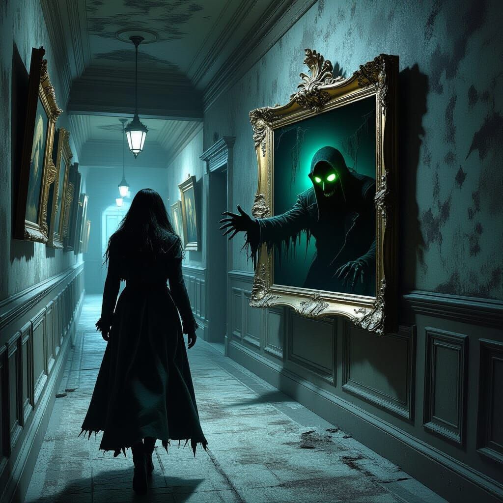 Frightened Woman in Gothic Horror Hallway