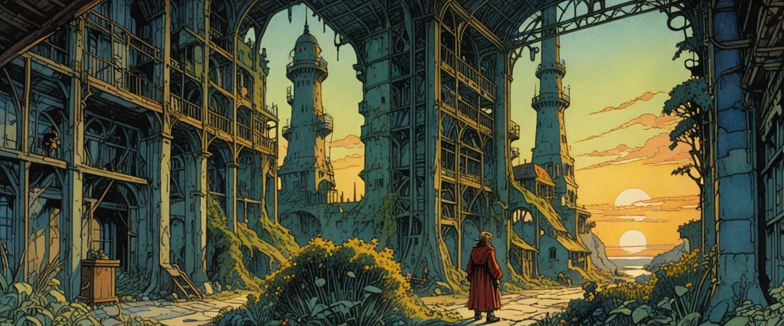 Abandoned Factory Sunlight with Tropical Plants Watercolor