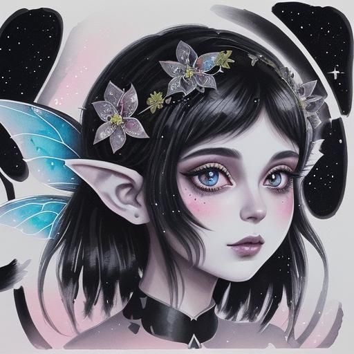 (Lora : Sparkle) beautiful face, Black Acid ink, Adorable fa...