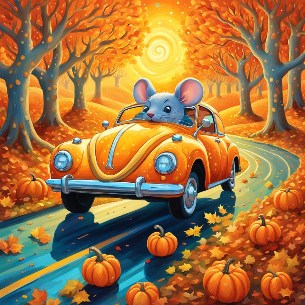 Mouse Driving Pumpkin Car in Cosmic Surrealism