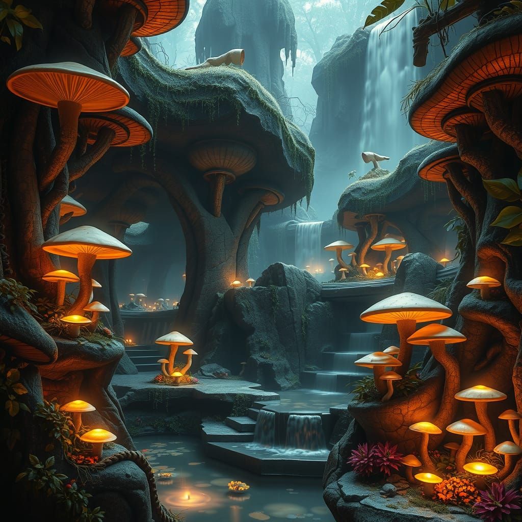 Luminescent Mushroom Glade in Perpetual Twilight