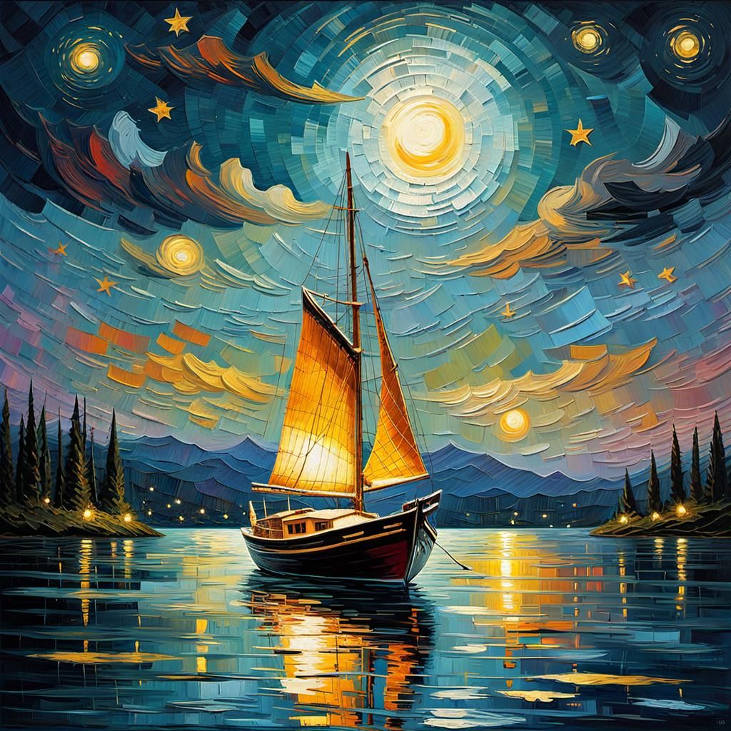 Vintage Boat on Moonlit Water in Impasto Style