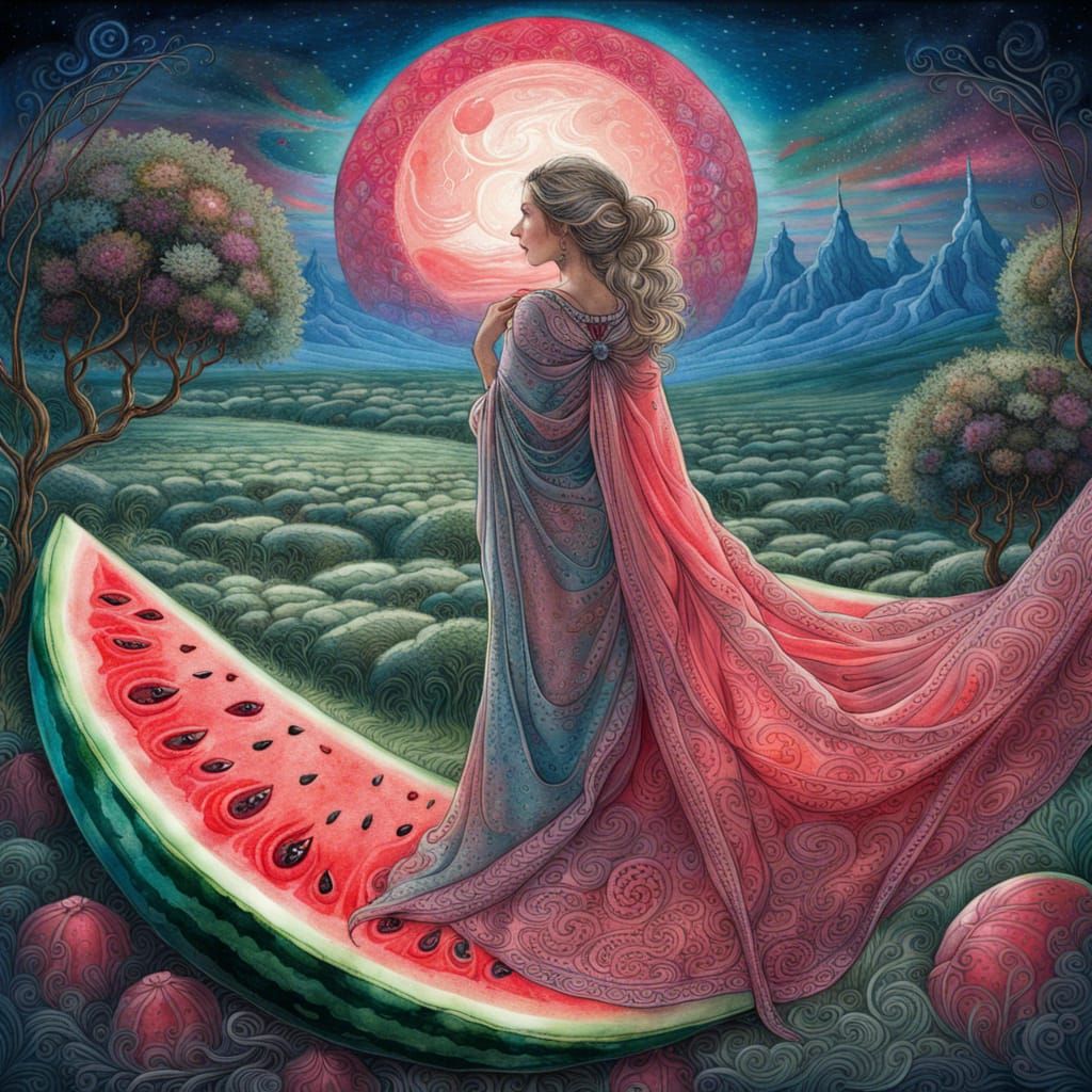 Cashmere Shawl Watermelon Field in Gouache Watercolor
