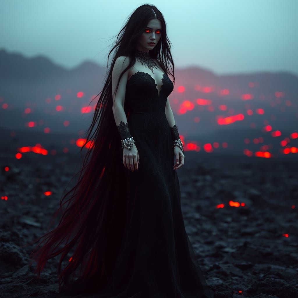 Gothic Woman in Volcanic Wasteland: A Royo-Inspired Vision